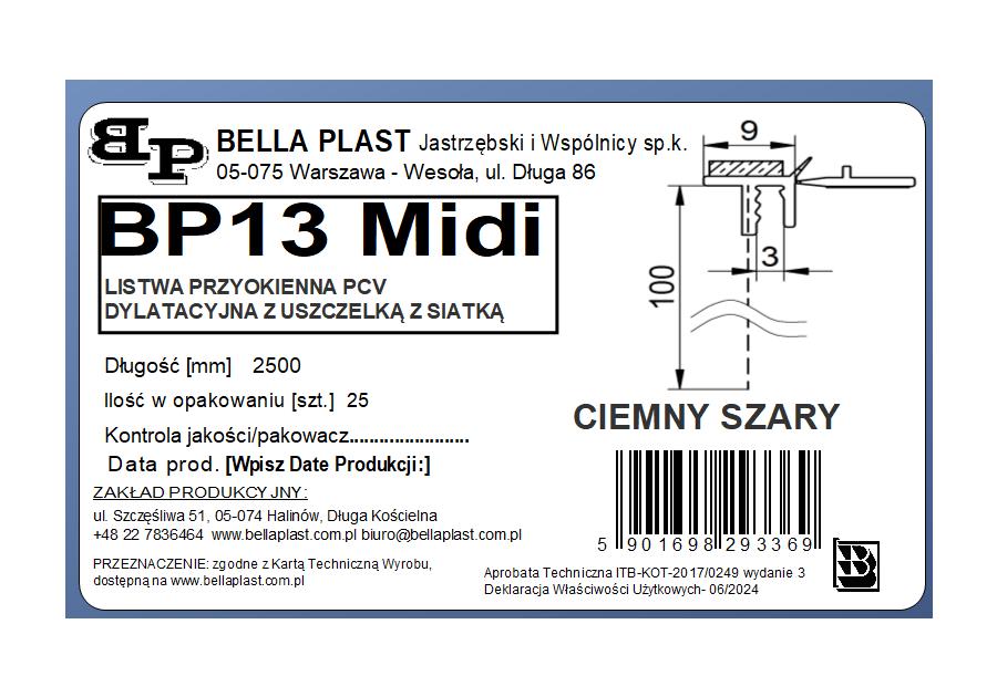 Zdjęcie: Listwa PVC BP13 Midi L250 9/3 szary ciemny, dylatacyjna, z siatką i z uszczelką BELLA PLAST