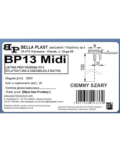 Zdjęcie: Listwa PVC BP13 Midi L250 9/3 szary ciemny, dylatacyjna, z siatką i z uszczelką BELLA PLAST