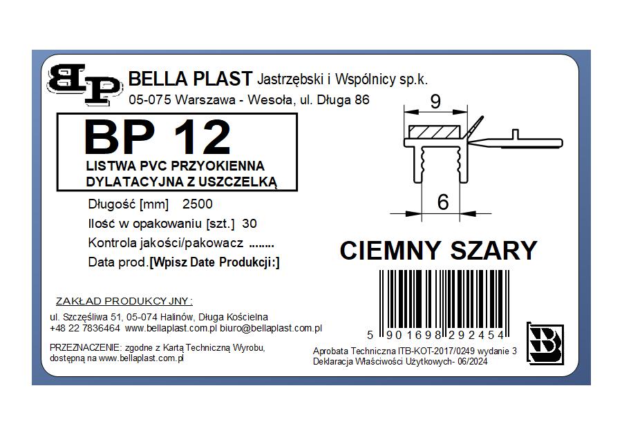 Zdjęcie: Listwa PVC BP12 L250 9/6 szary ciemny, przyokienna, dylatacyjna, tynkarska z uszczelką BELLA PLAST