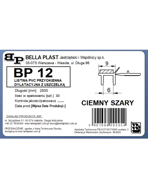 Zdjęcie: Listwa PVC BP12 L250 9/6 szary ciemny, przyokienna, dylatacyjna, tynkarska z uszczelką BELLA PLAST