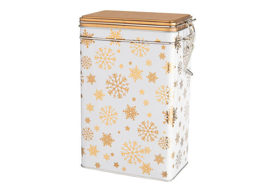 Zdjęcie: Puszka prostokątna z klipsem 12x8x19 cm dekorowana złote śnieżynki ALTOMDESIGN