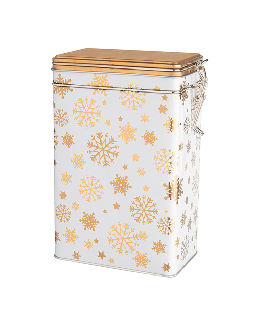 Zdjęcie: Puszka prostokątna z klipsem 12x8x19 cm dekorowana złote śnieżynki ALTOMDESIGN