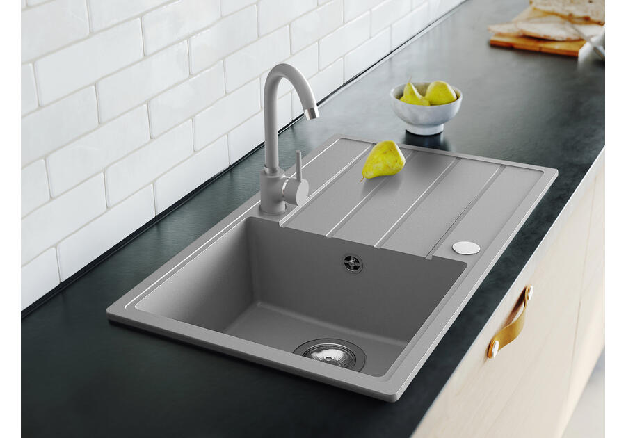 Zdjęcie: Zlewozmywak granitowy Metro 1-komorowy szary, 76x44x19,5 cm syfon manualny MILÓ