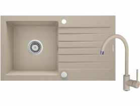 Zlewozmywak granitowy ZQZ 7113 piasek, bateria BEN 762M piasek, space saver DEANTE