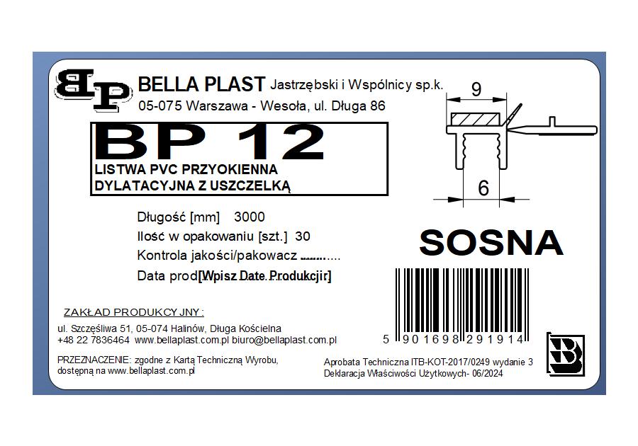 Zdjęcie: Listwa PVC BP12 L300 9/6 sosna, przyokienna, dylatacyjna, tynkarska z uszczelką BELLA PLAST