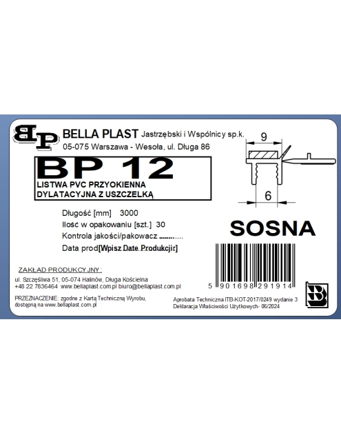 Zdjęcie: Listwa PVC BP12 L300 9/6 sosna, przyokienna, dylatacyjna, tynkarska z uszczelką BELLA PLAST