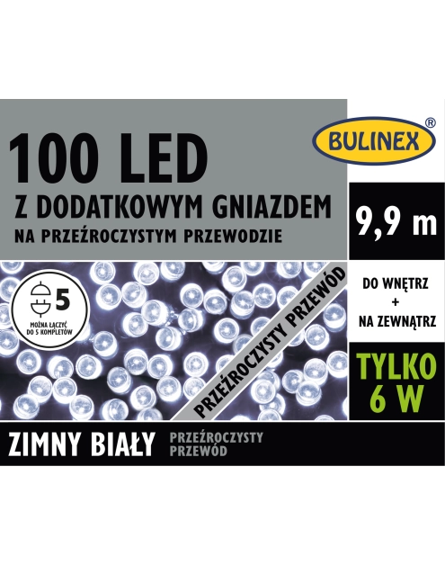 Zdjęcie: Lampki LED z dodatkowym gniazdem 9,9 m zimny biały 100 lampek BULINEX