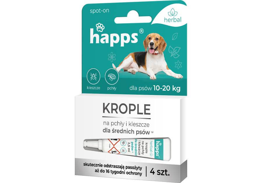 Zdjęcie: Krople na pchły i kleszcze dla średnich psów 10 - 20 kg 4 sztuki HAPPS HERBAL