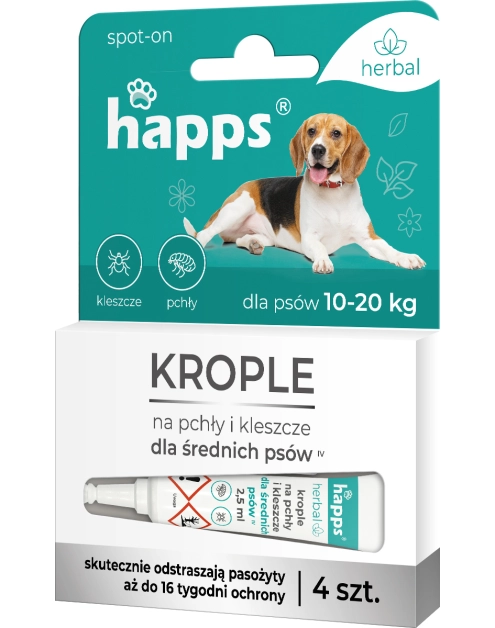 Zdjęcie: Krople na pchły i kleszcze dla średnich psów 10 - 20 kg 4 sztuki HAPPS HERBAL