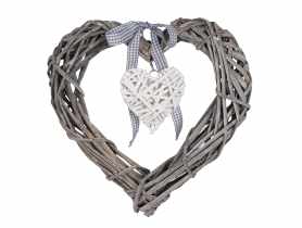 Serce wiklinowe zawieszka białą tasiemką 30x30x6 cm szare TIN TOURS