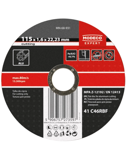 Zdjęcie: Ściernica do cięcia aluminium 115x1,6x22,23 mm płaska 25 szt. RAWLPLUG