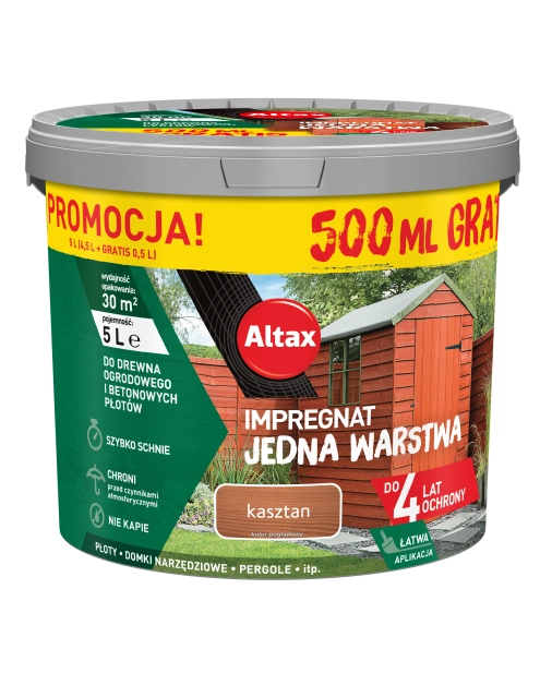 Zdjęcie: Impregnat Jedna Warstwa 4 lata, kasztan 4,5 L + 0,5 L ALTAX