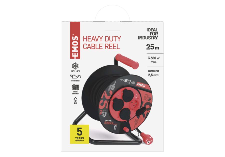 Zdjęcie: Przedłużacz zwijany ogrodowy 25 m, 4 gniazda, czarny, guma-neopren, 230V, 2,5 mm2 EMOS