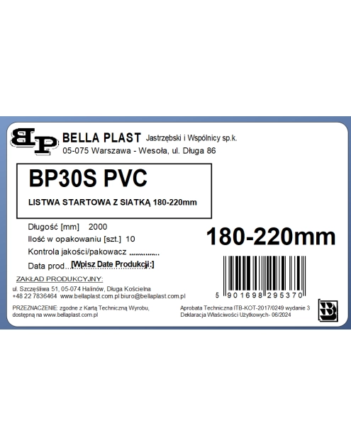 Zdjęcie: Listwa PVC startowa regulowana okapnikowa z siatką BP30 S 180-220 L200 biała BELLA PLAST