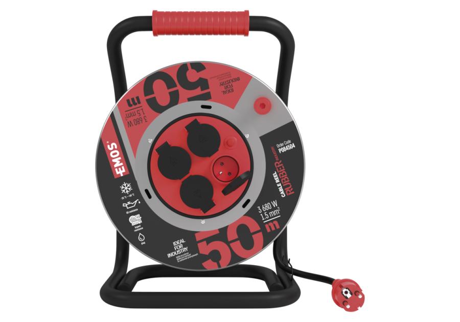 Zdjęcie: Przedłużacz zwijany ogrodowy 50 m, 4 gniazda, czarny, guma-neopren, 230V, 1,5 mm2 EMOS