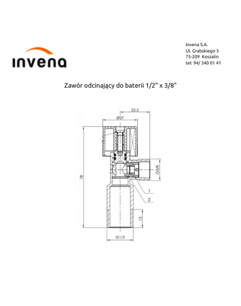 Zdjęcie: Zawór odcinający do baterii 1/2x3/8 INVENA