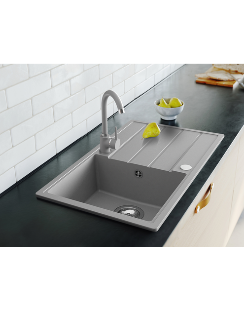 Zdjęcie: Zlewozmywak granitowy Metro 1-komorowy szary 76x44x19,5 cm syfon manualny, bateria U MILÓ