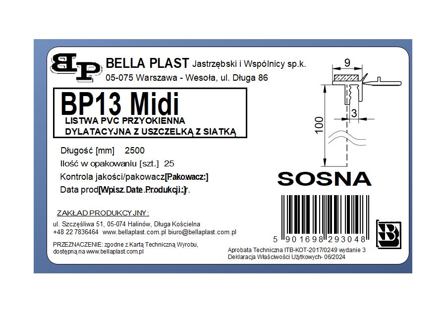 Zdjęcie: Listwa PVC BP13 Midi L250 9/3 sosna, dylatacyjna z siatką i z uszczelką BELLA PLAST