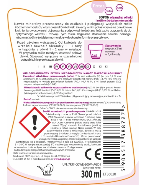 Zdjęcie: Nawóz do oleandrów, oliwek i śródziemnomorskich płyn 0,3 L BOPON