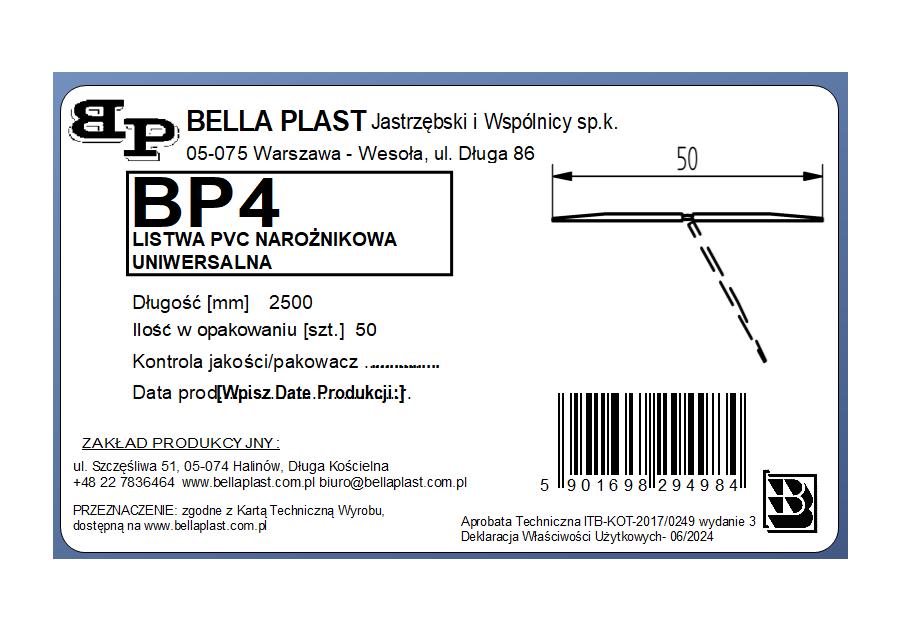 Zdjęcie: Kątownik PVC uniwersalny BP4 L250 BELLA PLAST