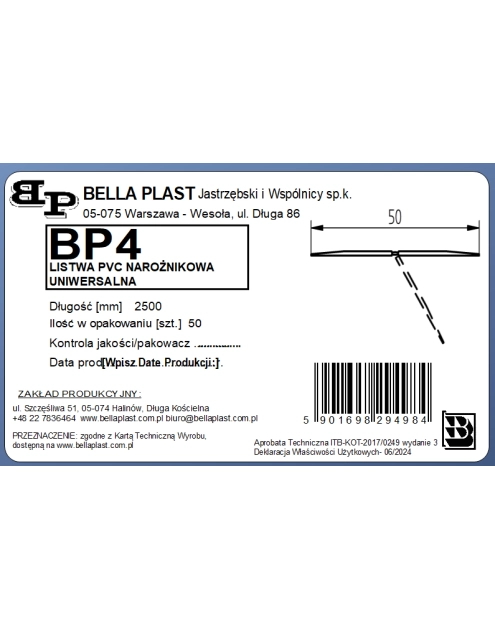 Zdjęcie: Kątownik PVC uniwersalny BP4 L250 BELLA PLAST