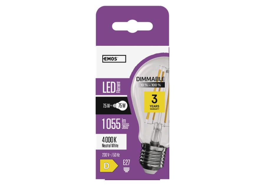 Zdjęcie: Żarówka LED Filament A60 E27 7,5 W (75 W) 1055 lm neutralna biel, ściemnialna EMOS