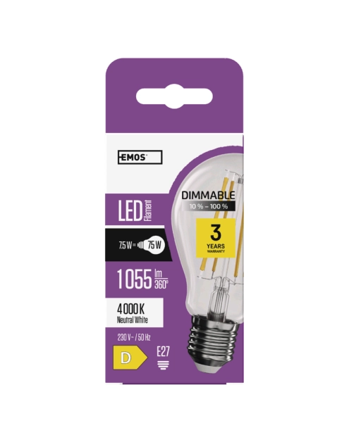 Zdjęcie: Żarówka LED Filament A60 E27 7,5 W (75 W) 1055 lm neutralna biel, ściemnialna EMOS