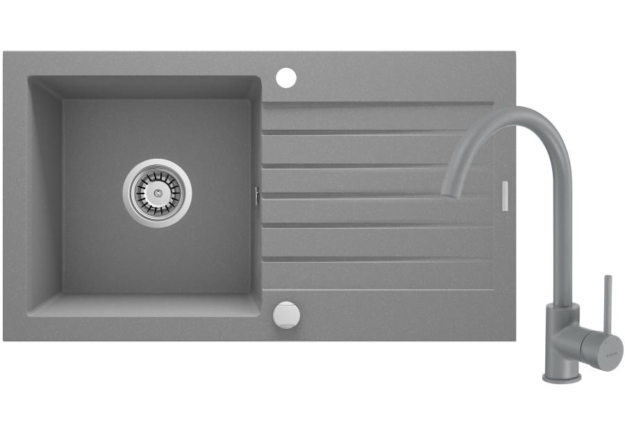 Zdjęcie: Zlewozmywak granitowy ZQZ S113 szary metalik, bateria BEU S62M szara DEANTE