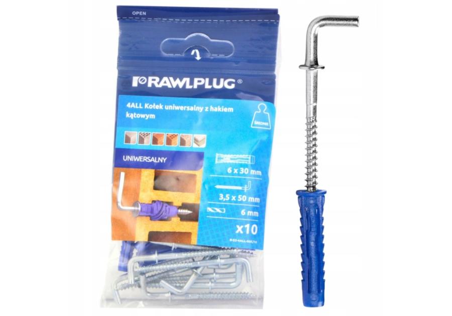 Zdjęcie: Kołek uniwersalny 4All 6 x 30 mm z hakiem kątowym 10 szt. RAWLPLUG
