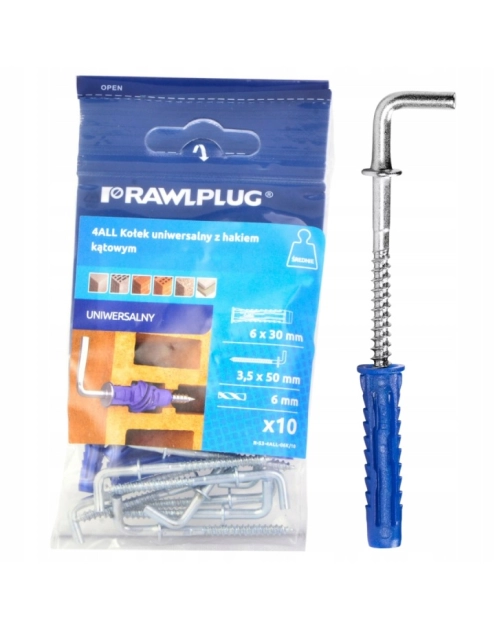 Zdjęcie: Kołek uniwersalny 4All 6 x 30 mm z hakiem kątowym 10 szt. RAWLPLUG