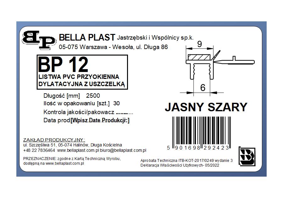Zdjęcie: Listwa PVC BP12 L250 9/6 szary jasny przyokienna, dylatacyjna, tynkarska z uszczelką BELLA PLAST