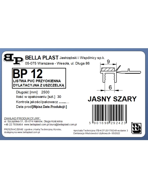 Zdjęcie: Listwa PVC BP12 L250 9/6 szary jasny przyokienna, dylatacyjna, tynkarska z uszczelką BELLA PLAST
