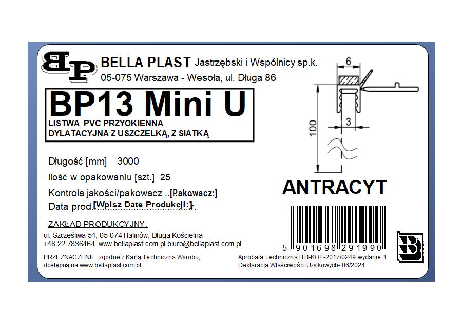 Zdjęcie: Listwa PVC BP13 Mini U L300 6/3 antracyt, z siatką i z uszczelką BELLA PLAST