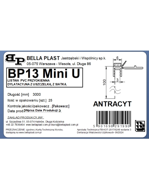 Zdjęcie: Listwa PVC BP13 Mini U L300 6/3 antracyt, z siatką i z uszczelką BELLA PLAST