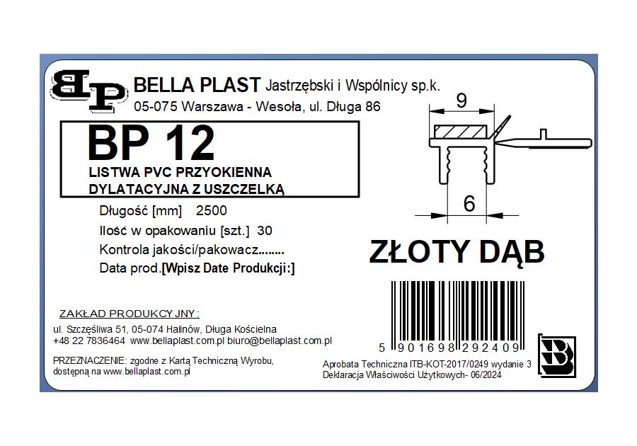 Zdjęcie: Listwa PVC BP12 L250 9/6 złoty dąb, przyokienna, dylatacyjna, tynkarska z uszczelką BELLA PLAST