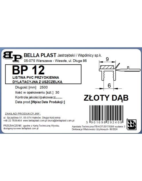 Zdjęcie: Listwa PVC BP12 L250 9/6 złoty dąb, przyokienna, dylatacyjna, tynkarska z uszczelką BELLA PLAST