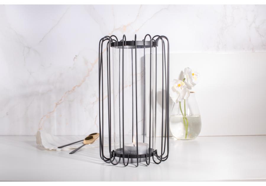Zdjęcie: Świecznik metalowy szprosowy z wkładem szklanym 16x16x28 cm czarny ALTOMDESIGN