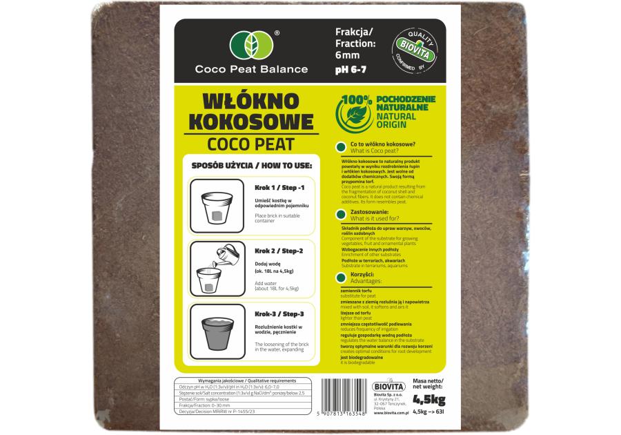 Zdjęcie: Włókno kokosowe COCO peat 6 mm brykiet 4,5kg 63L BIOVITA