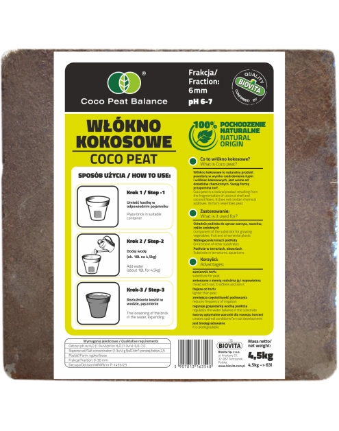 Zdjęcie: Włókno kokosowe COCO peat 6 mm brykiet 4,5kg 63L BIOVITA