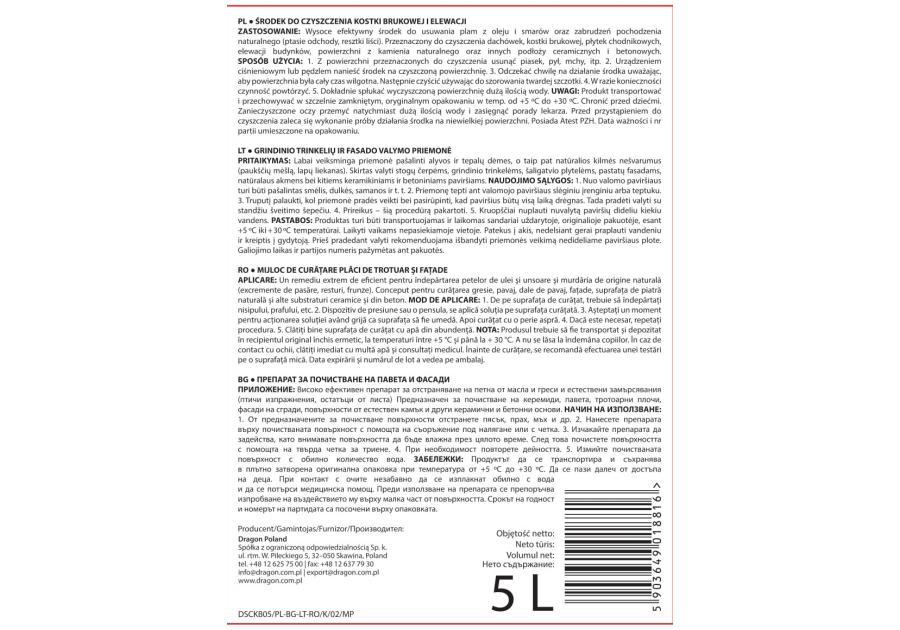 Zdjęcie: Środek do czyszczenia kostki brukowej i elewacji 5 L DRAGON