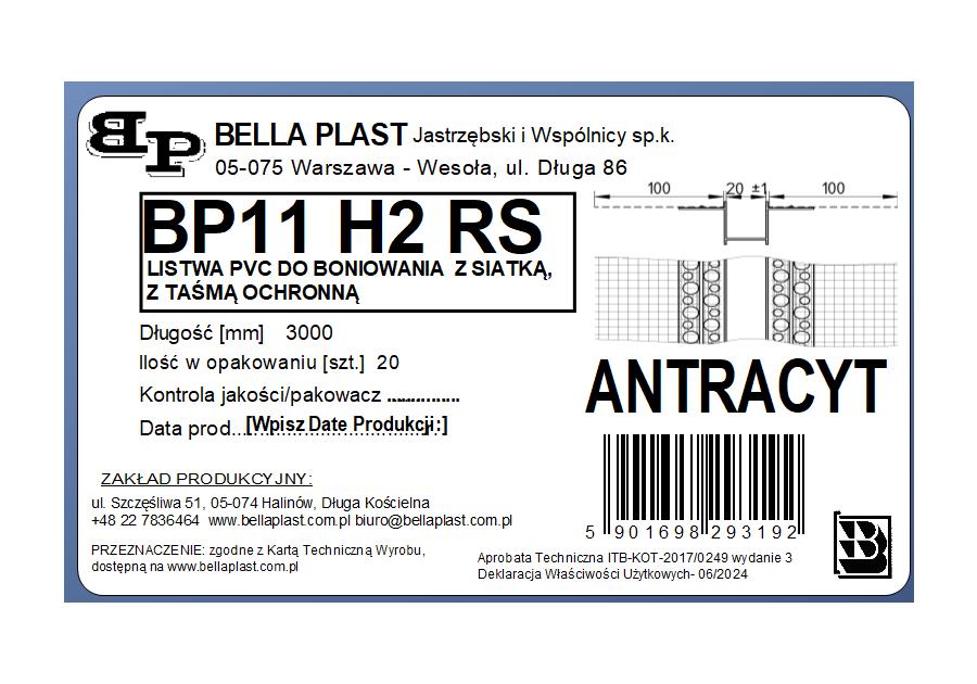 Zdjęcie: Listwa do boniowania PVC z siatką BP11 H2RS L300 antracyt BELLA PLAST