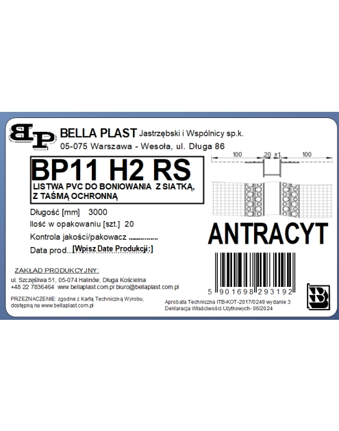 Zdjęcie: Listwa do boniowania PVC z siatką BP11 H2RS L300 antracyt BELLA PLAST