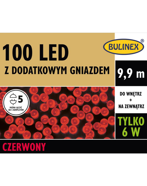 Zdjęcie: Lampki LED z dodatkowym gniazdem 9,9 m czerwony 100 lampek BULINEX