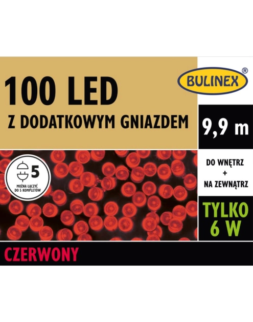 Zdjęcie: Lampki LED z dodatkowym gniazdem 9,9 m czerwony 100 lampek BULINEX