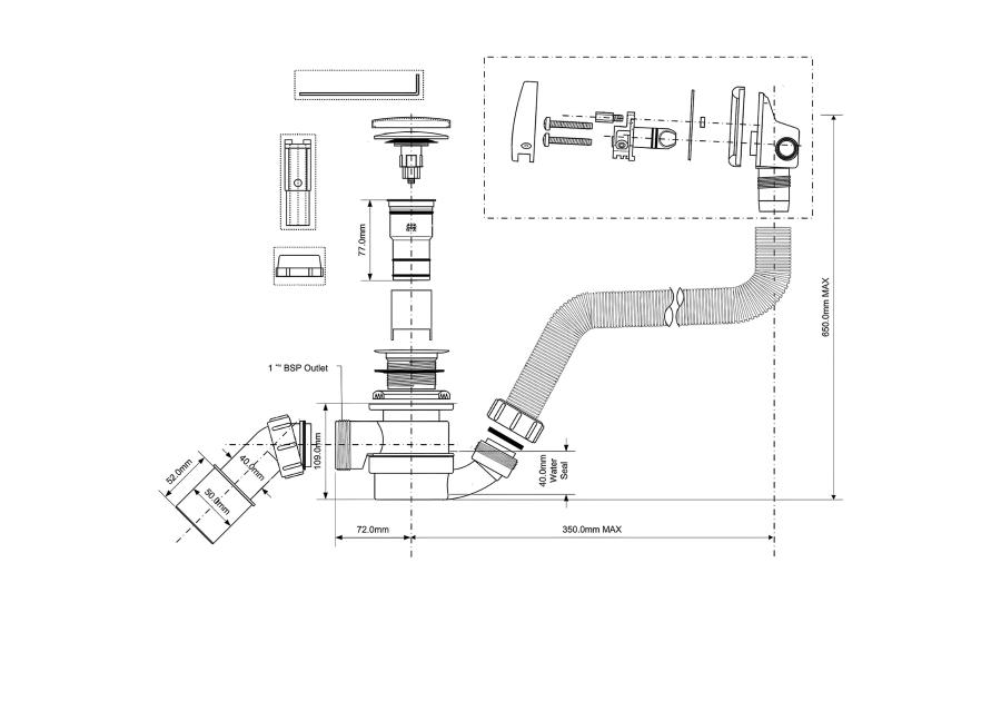 Zdjęcie: Zestaw odpływowo-przelewowy wannowy z odejściem 40/50 mm klik-klak MCALPINE