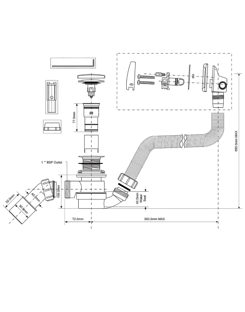 Zdjęcie: Zestaw odpływowo-przelewowy wannowy z odejściem 40/50 mm klik-klak MCALPINE