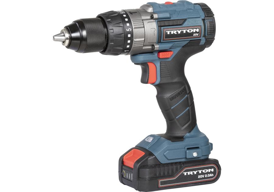 Zdjęcie: Wiertarko-wkrętarka 20 V, silnik bezszczotkowy, 2x2Ah, ładowanie 1h, 50Nm TRYTON