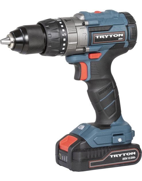 Zdjęcie: Wiertarko-wkrętarka 20 V, silnik bezszczotkowy, 2x2Ah, ładowanie 1h, 50Nm TRYTON