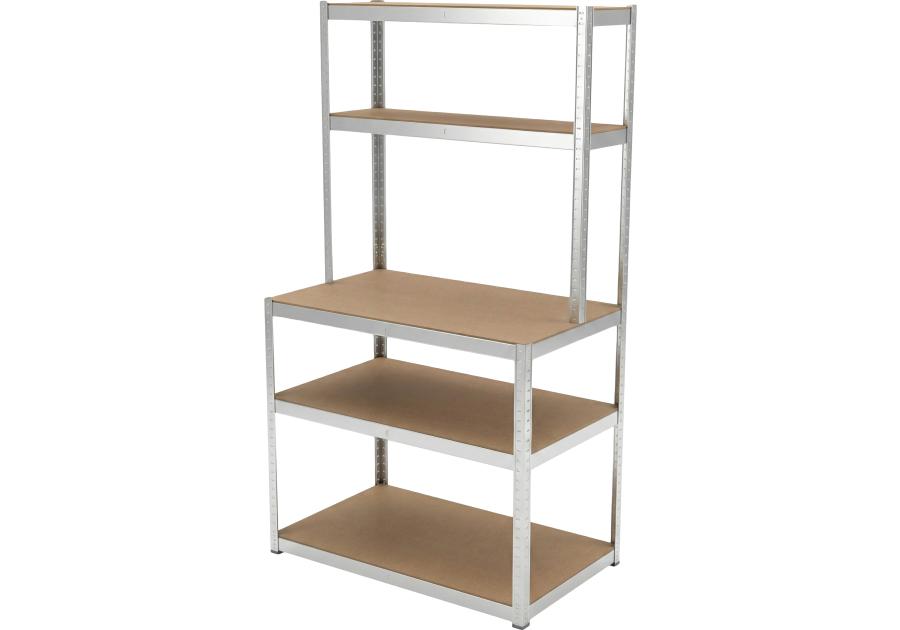Zdjęcie: Regał metalowy wciskany z blatem roboczym, 5 półek, 180x100x60x30, 175 kg, ocynk PROFIX
