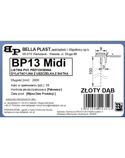 Zdjęcie: Listwa PVC BP13 Midi L250 9/3 złoty dąb, z siatką i z uszczelką BELLA PLAST